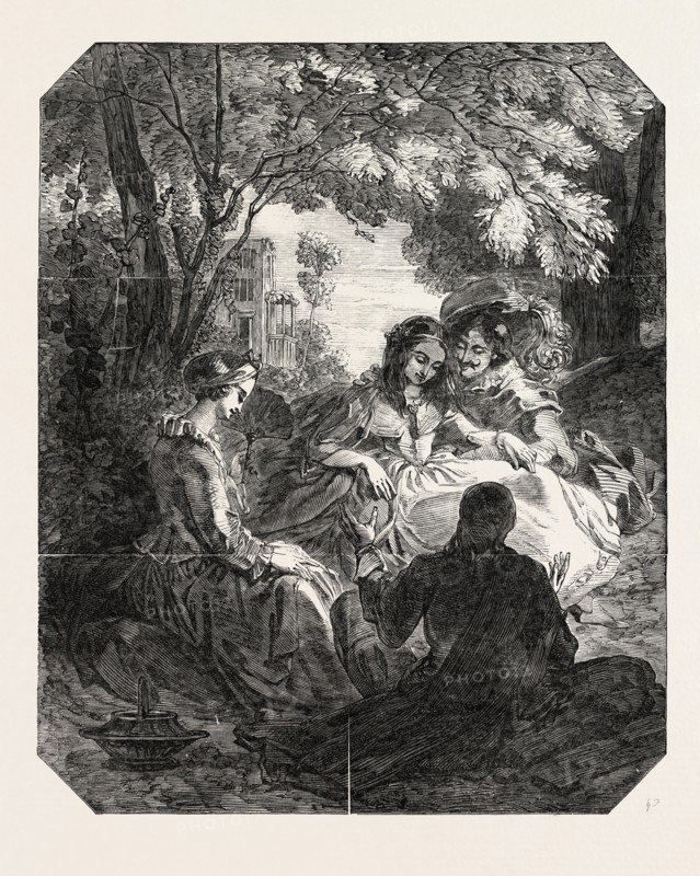 DON SCIPIO RELATING HIS ADVENTURES TO GIL BLAS AND HIS WIFE, FROM A SKETCH BY T. UWINS, R.A., 1851 engraving