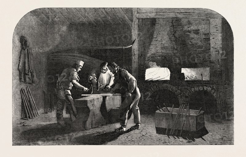 THE MANUFACTURE OF GUN BARRELS, AT BIRMINGHAM, UK: WELDING THE GUN BARRELS, 1851 engraving