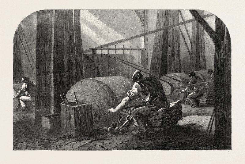 THE MANUFACTURE OF GUN BARRELS, AT BIRMINGHAM, UK: GRINDING THE GUN BARRELS, 1851 engraving