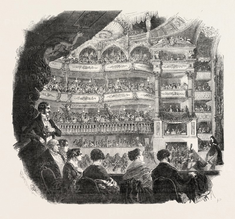 THE ITALIAN OPERA HOUSE AT PARIS, FRANCE, 1851 engraving