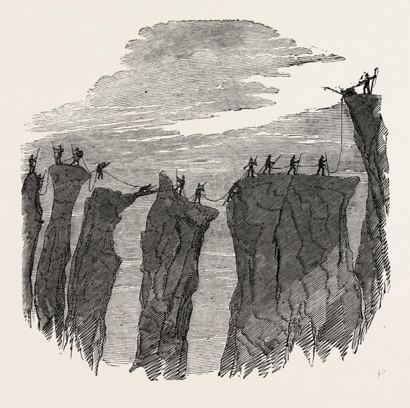 CLIMBING THE MONT BLANC: THE PARTY CROSSING THE GLACIER DES BOSSONS, ALPS, FRENCH ALPS, FRANCE, 1851 engraving