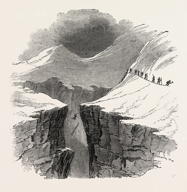 CLIMBING THE MONT BLANC: ACCIDENT NEAR THE GLACIER DE TACOUNAG, ALPS, FRENCH ALPS, FRANCE, 1851 engraving