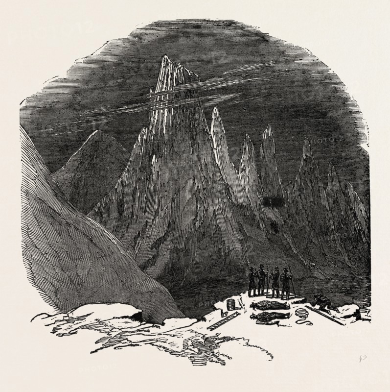 CLIMBING THE MONT BLANC: THE AIGUILLES SANS NOM, SEEN FROM BELOW THE ROCHER ROUGE, ALPS, FRENCH ALPS, FRANCE, 1851 engraving