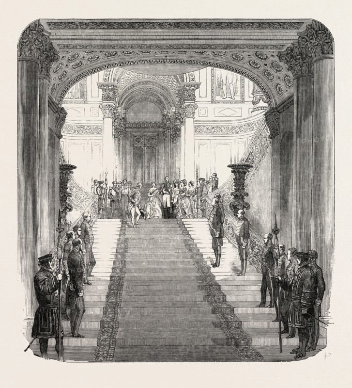 HER MAJESTY DESCENDING THE GRAND STAIRCASE AT BUCKINGHAM PALACE, LONDON, UK, 1851 engraving