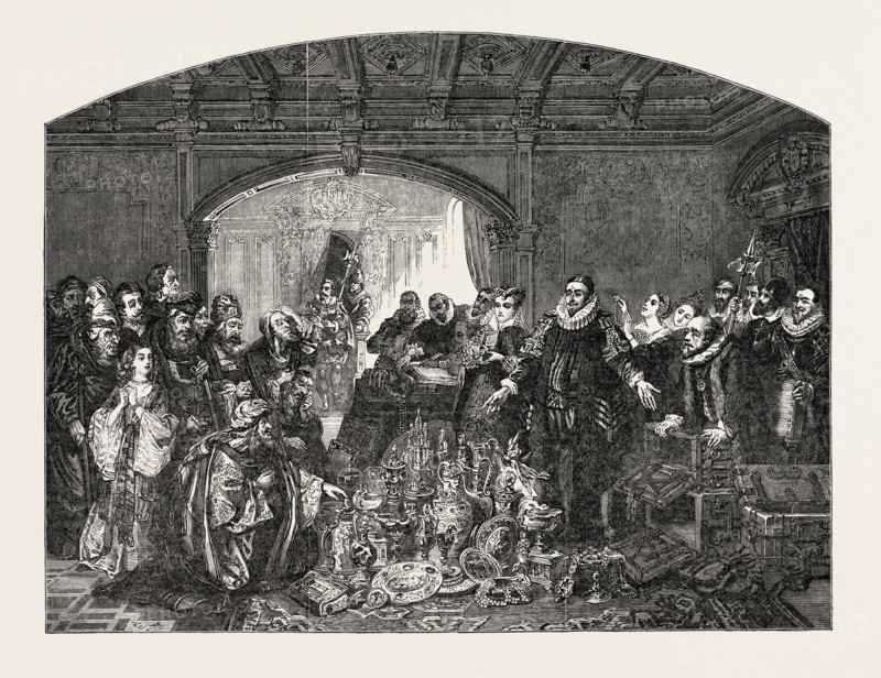 WILLIAM OF NASSAU, AND THE MONEY-LENDERS. PAINTED BY CLAUDIUS JACQUAND, 1803-1878. FROM THE GALLERY OF THE LATE KING OF HOLLAND, 1851 engraving