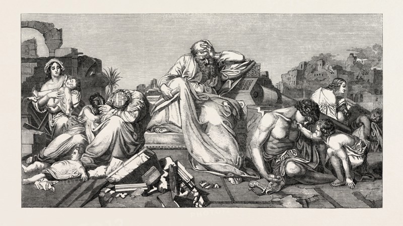 JEREMIAH AMONG THE RUINS OF JERUSALEM, PAINTED BY E. BENDEMAN, EDUARD JULIUS FRIEDRICH BENDEMANN, 1811-1889, 1851 engraving