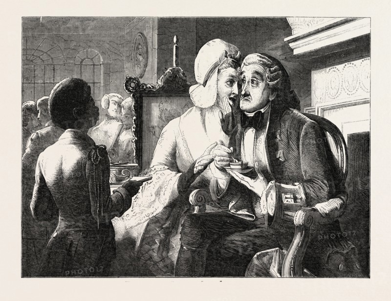 EXHIBITION OF THE BRITISH INSTITUTION: SCANDAL, PAINTED BY ABRAHAM SOLOMON, 1823-1862, 1851 engraving