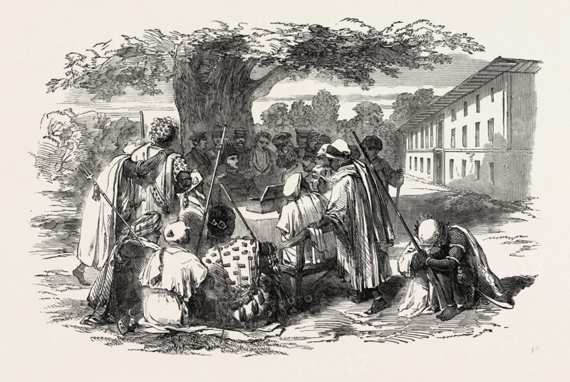 PALAVER BETWEEN THE GOVERNOR OF THE GAMBIA AND THE KING OF COMBO, 1851 engraving