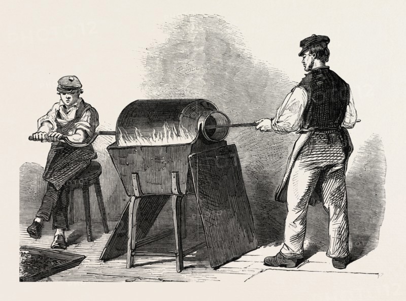 THE MANUFACTURE OF STEEL PENS IN BIRMINGHAM, UK: BRONZING STEEL PENS, 1851 engraving
