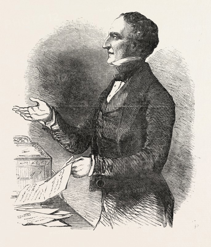 THE CHANCELLOR OF THE EXCHEQUER, (RIGHT HON. SIR CHARLES WOOD) INTRODUCING THE BUDGET IN THE HOUSE OF COMMONS, LONDON, UK, 1851 engraving