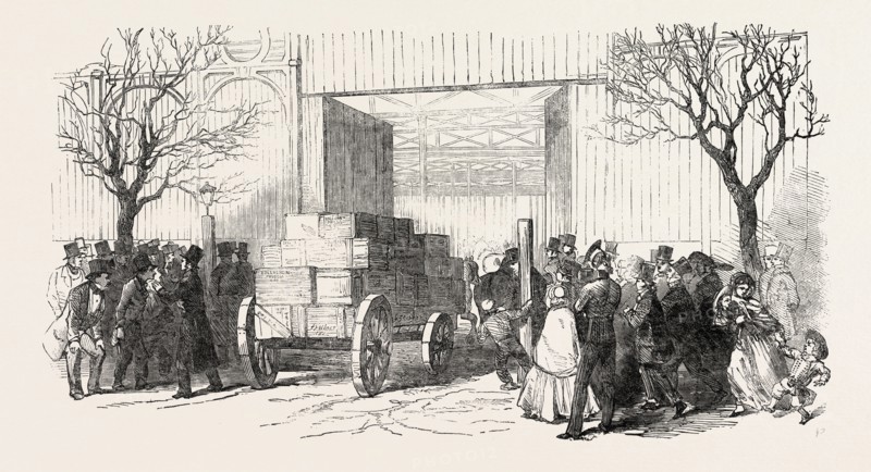 RECEPTION OF GOODS AT THE GREAT EXHIBITION BUILDING, IN HYDE PARK, LONDON, UK, 1851 engraving