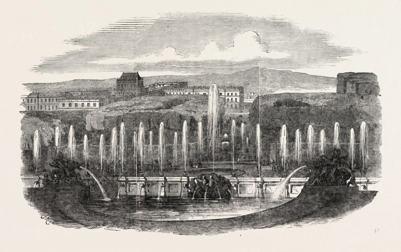 GAMBON'S MOVING PANORAMA, THE FOUNTAINS AT VERSAILLES EXHIBITED AT THE LINWOOD GALLERY, LEICESTER SQUARE, LONDON, UK, 1851 engraving