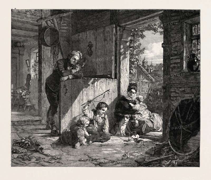 FAMILY HAPPINESS PAINTED BY E. MEYERHEIM, 19TH CENTURY GERMAN PAINTER, GERMANY, 1851 engraving
