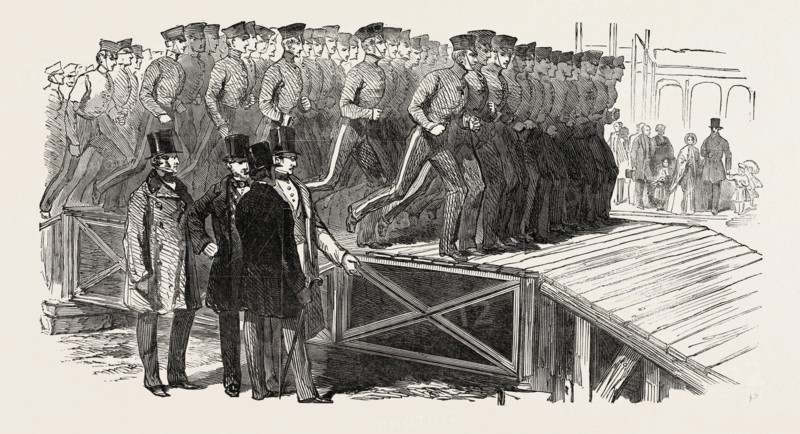 TESTING THE GALLERIES OF THE CRYSTAL PALACE, THE GREAT EXHIBITION BUILDING, HYDE PARK, LONDON, UK, 1851 engraving