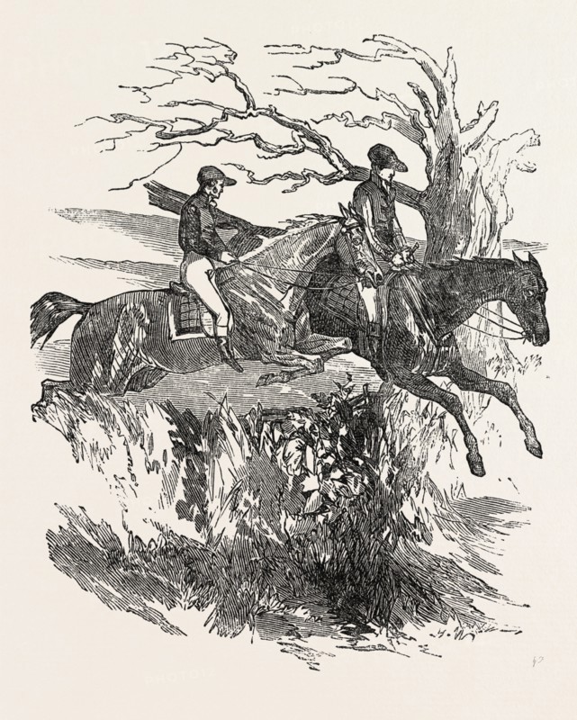 AT A STEEPLE CHASE: An exhilarating sight to see horses taking their leaps into the winning field, HORSE, SPORT, GALLOP, STEEPLE-CHASING, RACETRACK, HIPPODROME, RACING, 1851 engraving