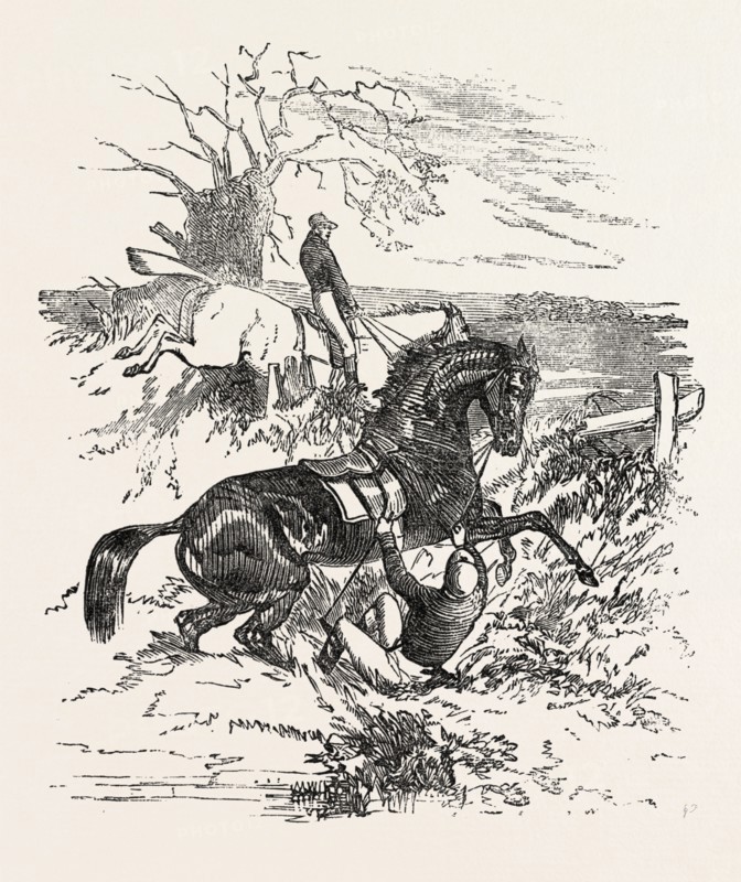 FALLING OFF A HORSE DURING A STEEPLE CHASE, HORSE, SPORT, GALLOP, STEEPLE-CHASING, RACETRACK, HIPPODROME, RACING, 1851 engraving