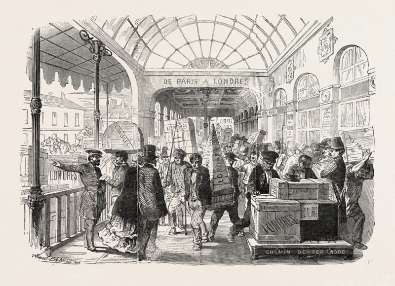 DEPARTURE OF THE FRENCH GOODS BY THE GREAT NORTHERN RAILWAY OF FRANCE, FOR THE GREAT EXHIBITION IN LONDON, 1851 engraving