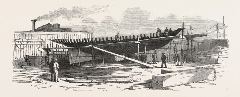 YACHT BUILDING AT NEW YORK TO COMPETE THE ENGLISH YACHTS AT COWES, UNITED STATES OF AMERICA, 1851 engraving