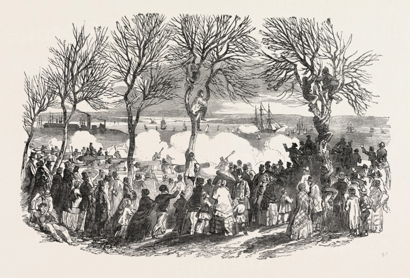 SALUTING THE ST. LAWRENCE, ON HER NEARING SOUTHAMPTON DOCK, UK, 1851 engraving