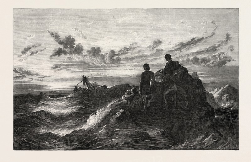 POOR MARINERS PAINTED BY THOMAS DANBY,1818-1886, ENGLISH LANDSCAPE PAINTER,  EXHIBITION OF THE BRITISH INSTITUTION, 1851 engraving