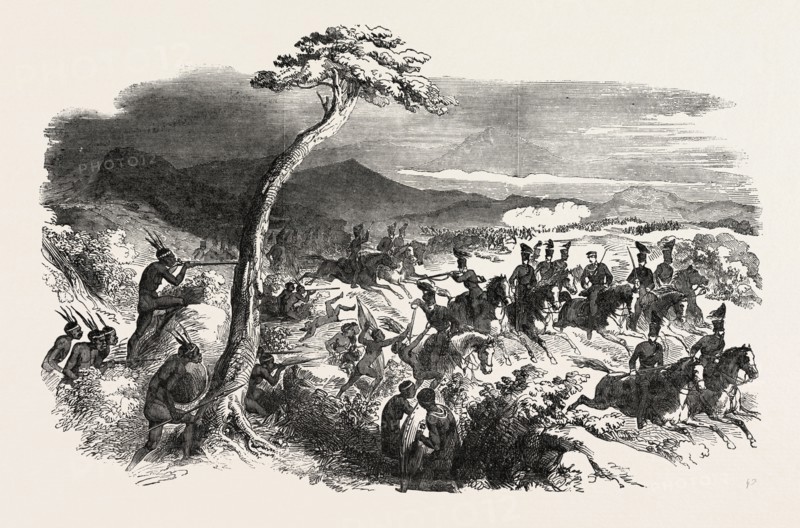 BUSH-FIGHTING IN KAFFRARIA, SOUTH AFRICA, 1851 engraving