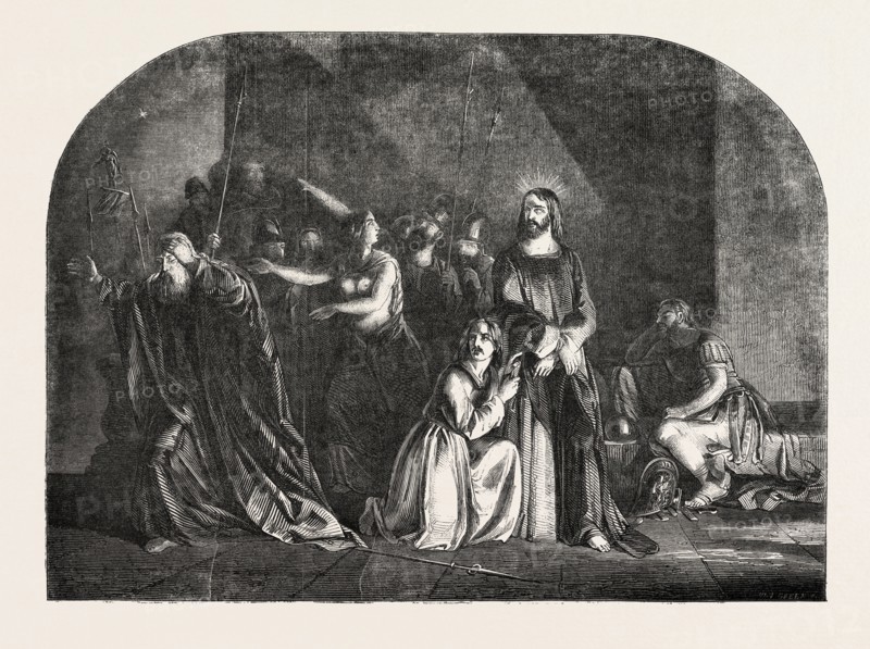 PETER DENYING CHRIST PAINTED BY ROBERT SCOTT LAUDER, SCOTTISH HISTORICAL PAINTER, EXHIBITION OF THE NATIONAL INSTITUTION, 1851 engraving