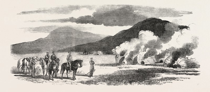 THE KAFFIR WAR: PART OF COLONEL MACKINNON'S PATROL OF THE CAPE CORPS BURNING THE KRAALS OF A REBEL KAFFIR CHIEF, SOUTH AFRICA, 1851 engraving
