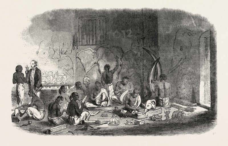 IVORY-CUTTERS AT BERHAMPOOR, BRAHMAPUR, (BENGAL), INDIA, FOR THE GREAT EXHIBITION IN LONDON, UK, IVORY, 1851 engraving
