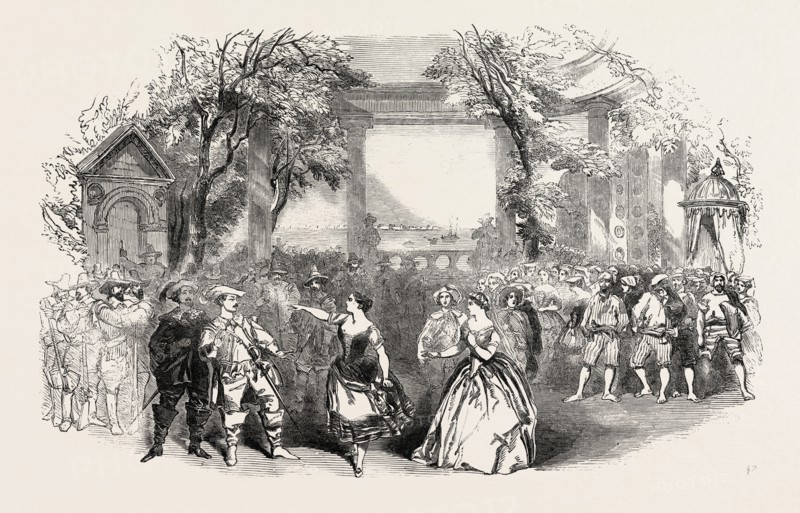 SCENE FROM LA MUTA DI PORTICI, AT HER MAJESTY'S THEATRE, HAYMARKET, LONDON, UK, 1851 engraving