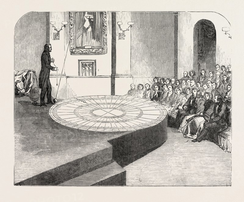 THE ROTATION OF THE EARTH MADE VISIBLE, AT THE POLYTECHNIC INSTITUTION, REGENT SREET, LONDON, UK, 1851 engraving