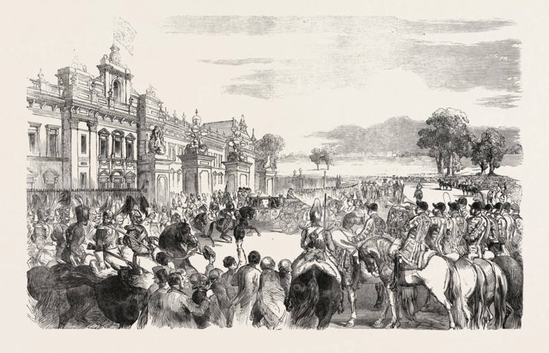 STATE OPENING OF THE GREAT EXHIBITION, HER MAJESTY LEAVING BUCKINGHAM PALACE, LONDON, UK, 1851 engraving
