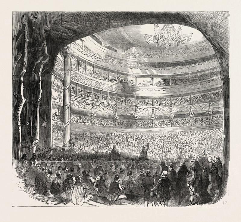 GREAT PROTECTIONIST DEMONSTRATION IN DRURY LANE THEATRE, LONDON, UK, 1851 engraving