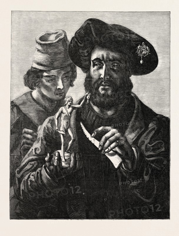 EXHIBITION OF THE ROYAL ACADEMY: BENVENUTO CELLINI, GIVING INSTRUCTIONS TO HIS ASSISTANT, BERNARDINO MANELLINI, OF MUGELLO PAINTED BY S.A. HART, R.A., 1851 engraving
