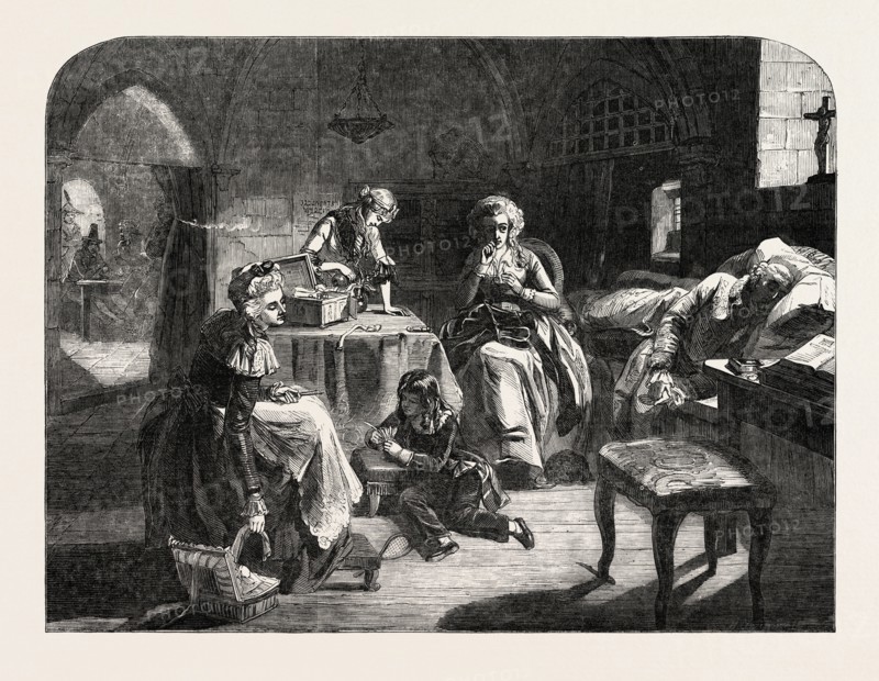 EXHIBITION OF THE ROYAL ACADEMY, THE ROYAL FAMILY OF FRANCE IN THE PRISON OF THE TEMPLE, LOUIS XVI., QUEEN MARIE ANTOINETTE, THE DAUPHIN AND THE DAUPHINEHSS, AND MADAME ELIZABETH PAINTED BY E.M. WARD, 1851 engraving