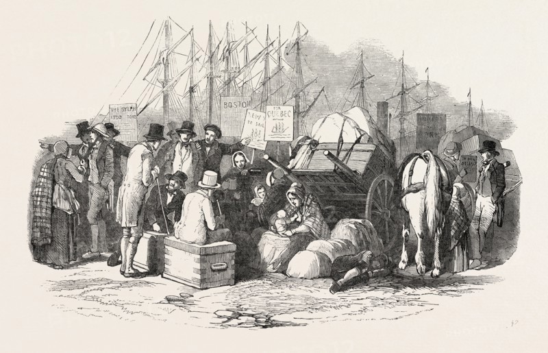ARRIVAL OF EMIGRANTS AT CORK, A SCENE ON THE QUAY, IRELAND, 1851 engraving