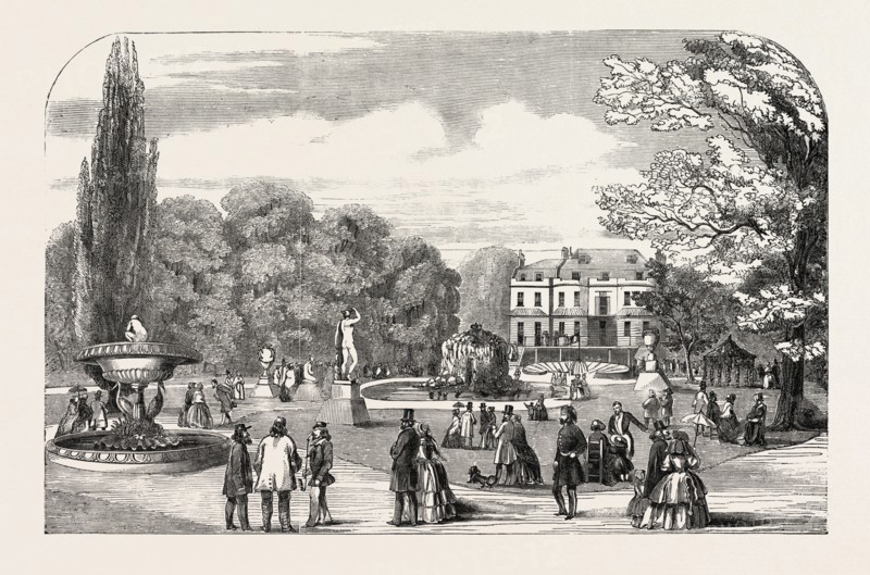 M. SOYER'S SYMPOSIUM OF ALL NATIONS, GORE HOUSE, KENSINGTON, THE GARDENS, LONDON, UK, 1851 engraving