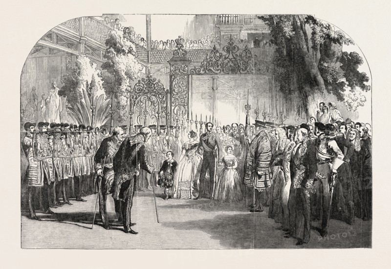 OPENING OF THE GREAT EXHIBITION: ENTRANCE OF HER MAJESTY AND HIS ROYAL HIGHNESS PRINCE ALBERT, LONDON, UK, 1851 engraving