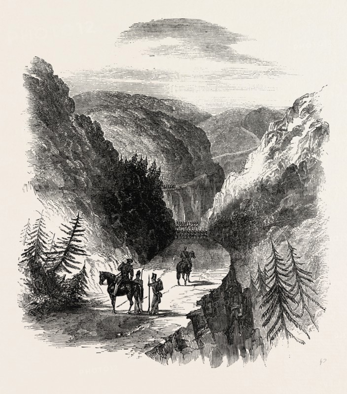 ECCA HEIGHTS PASS, LEADING FROM GRAHAMSTOWN TO FORT BROWN AND FORT BEAUFORT, SOUTH AFRICA; THE ROAD HAS BEEN CONSTRUCTED BY LIEUTENANT-COLONEL SELWYN, 1851 engraving