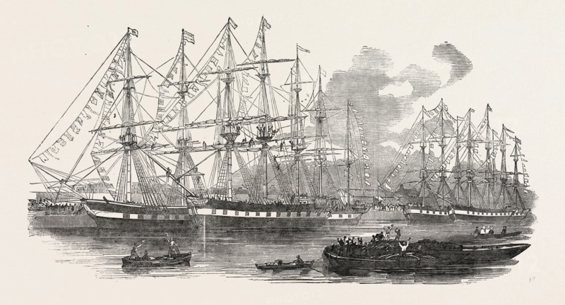 THE CANTERBURY ASSOCIATION SHIPS BANGALORE, DOMINION, DUKE OF PORTLAND, LADY NUGENT, MIDLOTHIAN, AND CANTERBURY, IN THE EAST INDIA DOCKS, 1851 engraving