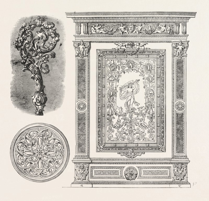 CROZIER HEAD, BY W.G. ROGERS, VENTILATOR FOR CEILING, BY BIELEFIELD, WALL DECORATION, BY G.J. MORANT, 1851 engraving