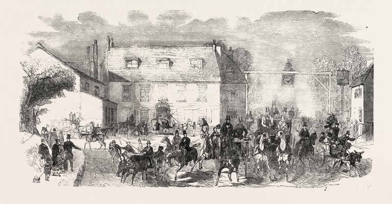 SKETCH ON THE ROAD, THE COCK INN, SUTTON, UK, 1851 engraving