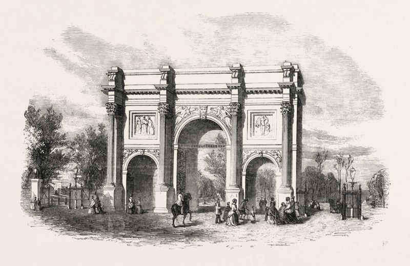THE MARBLE ARCH CUMBERLAND-GATE HYDE PARK, LONDON, UK, 1851 engraving