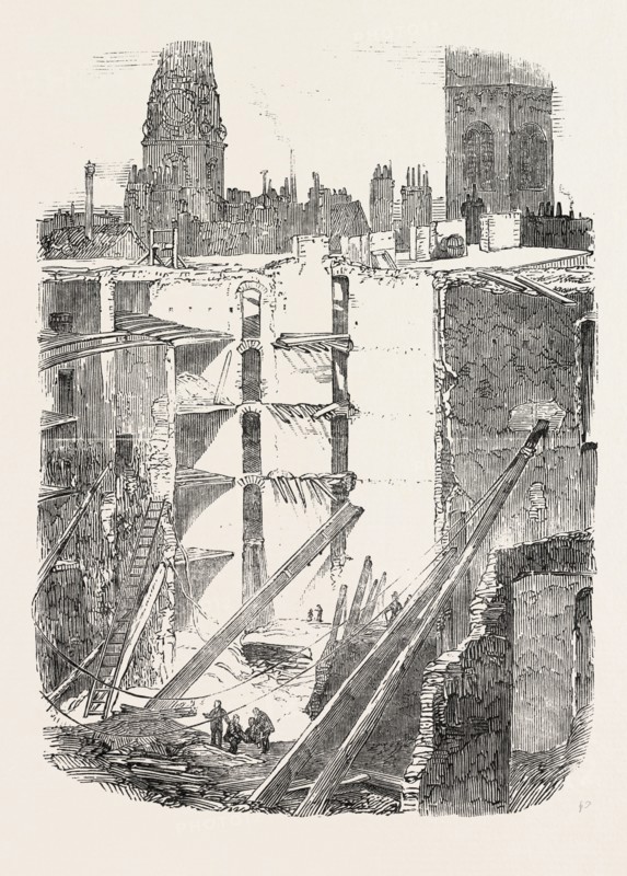 REMAINS OF THE FALLEN PREMISES IN GRACECHURCH STEEET, LONDON, UK, 1851 engraving