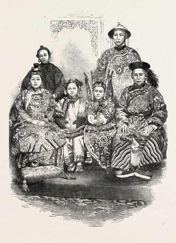 THE CHINESE FAMILY, IN THE EXHIBITION AT ALBERT GATE, UK, 1851 engraving