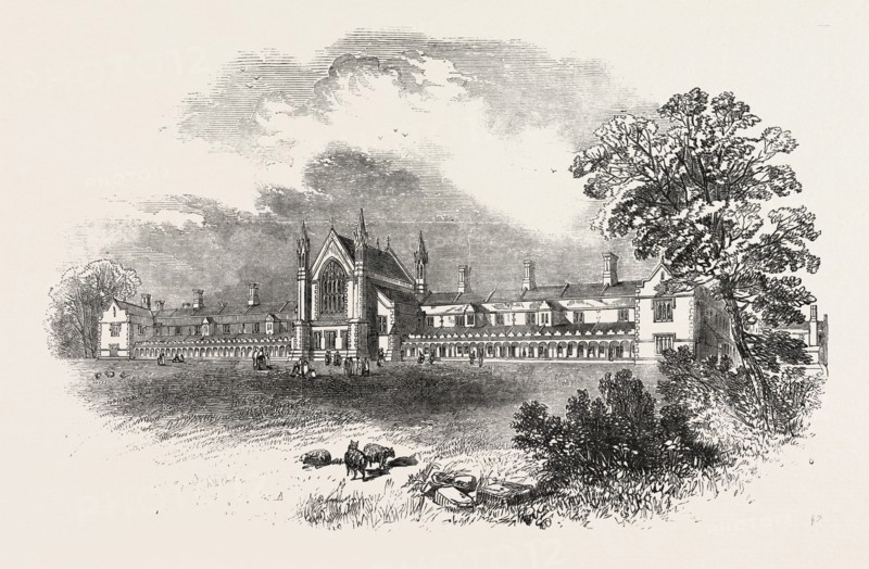 ST. PETER'S HOSPITAL, EAST HILL, WANDSWORTH, FROM THE RAILWAY, UK, 1851 engraving