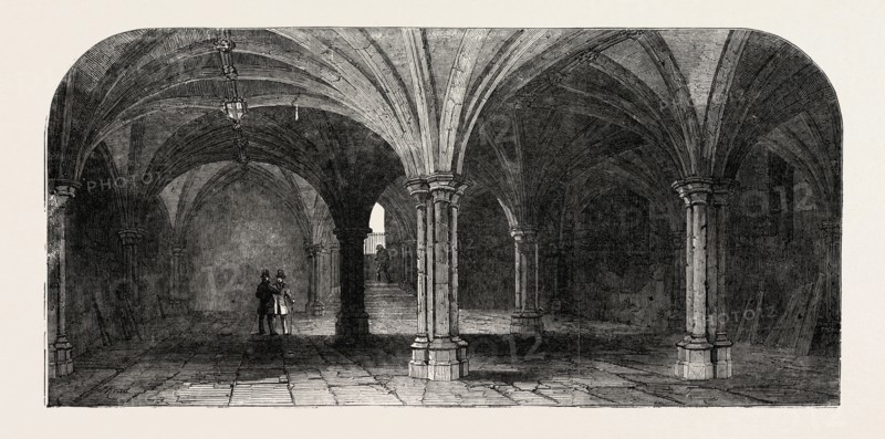 THE CRYPT OF THE CITY OF LONDON GUILDHALL, UK, 1851 engraving