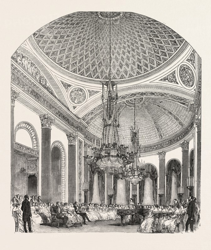 HER MAJESTY'S CONCERT, BUCKINGHAM PALACE, THE GRAND SALOON, LONDON, UK, 1851 engraving