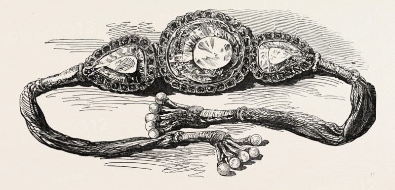 KOH-I-NOOR, MOUNTAIN OF LIGHT, IN ITS ORIGINAL SETTING, BY HER MAJESTY, 1851 engraving