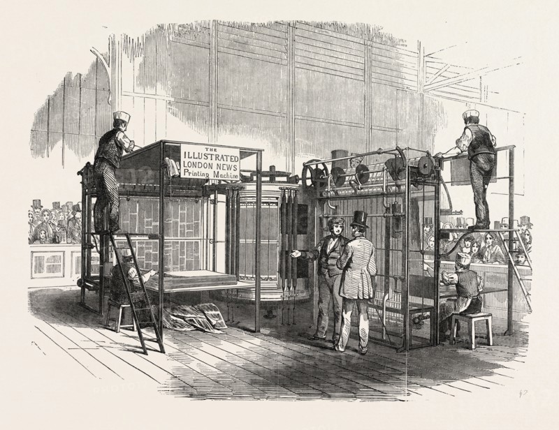PATENT VERTICAL PRINTING MACHINE, IN THE GREAT EXHIBITION, CLASS C, No. 122, LONDON, UK, 1851 engraving