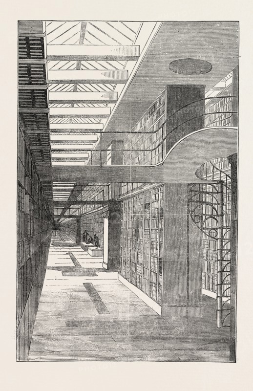 BRITISH MUSEUM, THE ROYAL OR KING'S LIBRARY, THE LONG ROOM, LONDON, UK, 1851 engraving